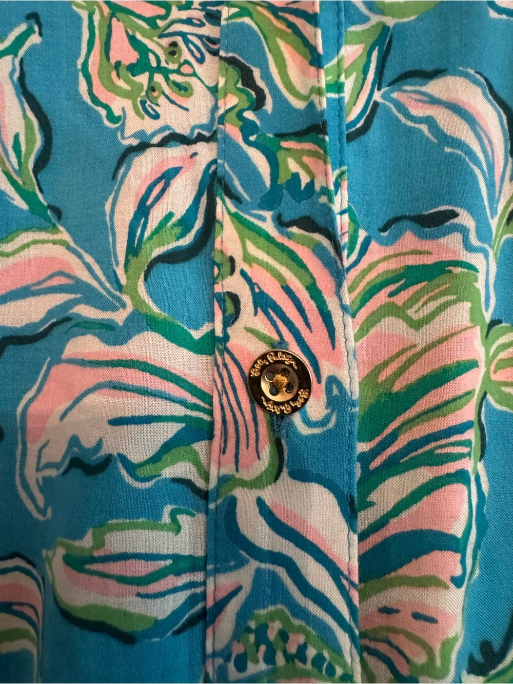 Lilly Pulitzer Turquoise Floral Collared Shirtdress with Pink & Green Accents - Picture 4 of 5